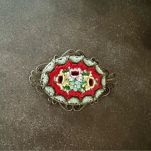 Vintage Italian Brooch - Micro Mosaic Flowers on Red- Italy Stamped